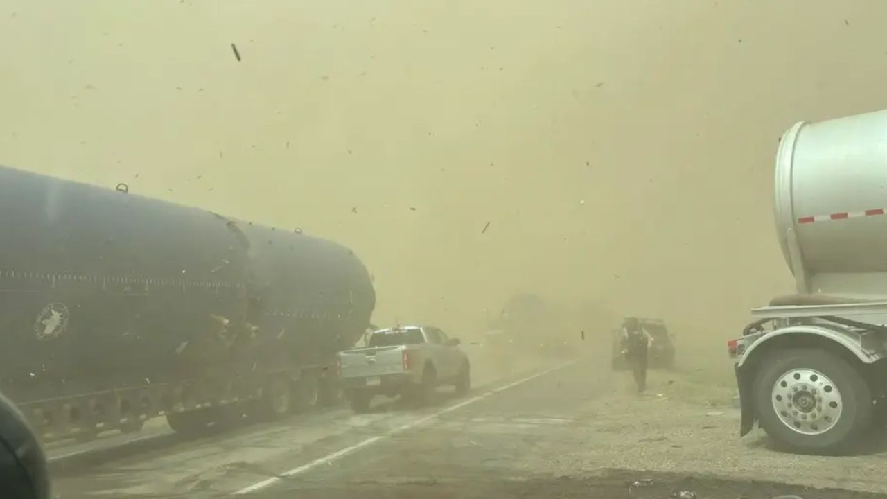 Dashcam video captures the terrifying moment a dust storm turned a North Dakota highway pitch black
